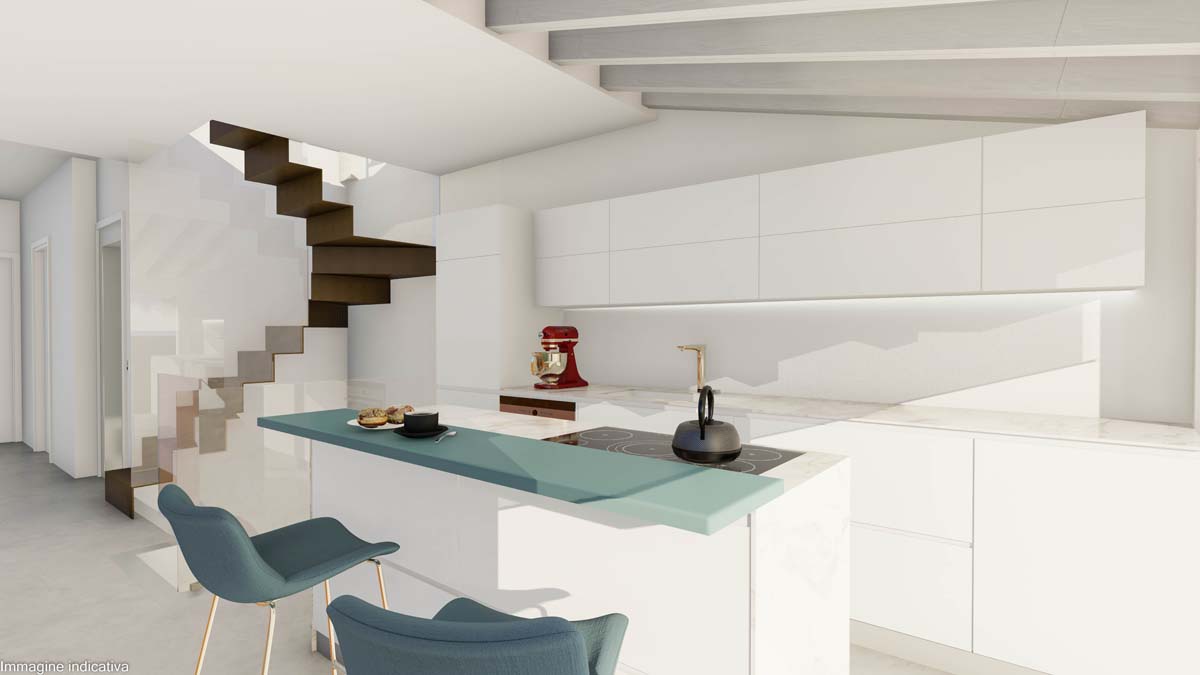 Angolo Cucina appartamento D Galleria Barchetta Desenzano. Vetrata e arredi moderni